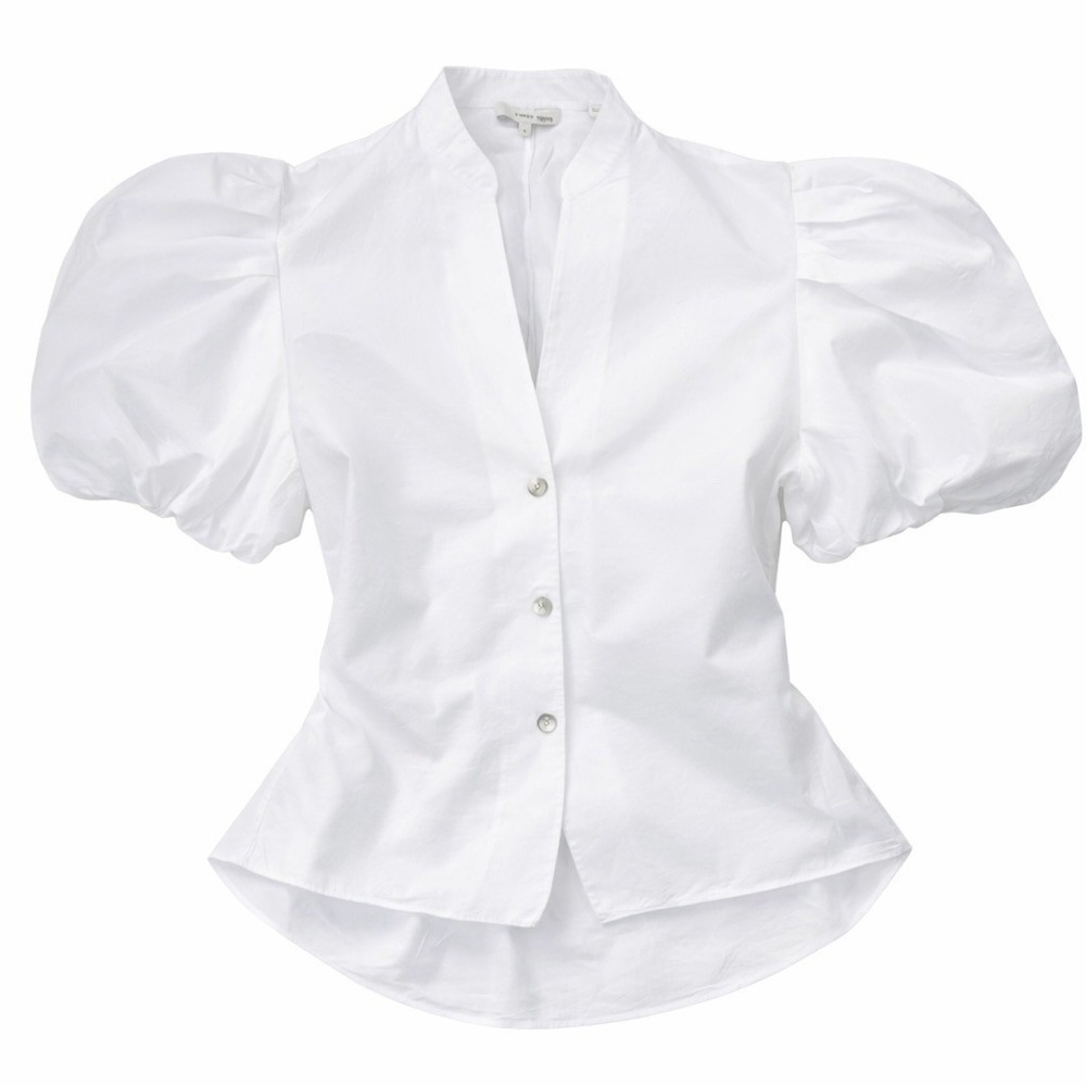 Vince Puff Sleeve Cotton Blouse White Cutout Back Button Front Womens Size 8
